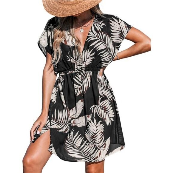 Women's V Neck Beach Dress Coverup Short Sleeve Elastic Waist Swim Cover Ups